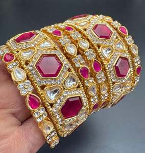 Kundan and Ruby stones work gold color bangles set (price per pack)
