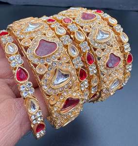 Kundan and Ruby stones work gold color bangles set (price per pack)