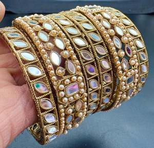Bangles Set: Golden colour Mirror & pearls work bangles set (price per pack)