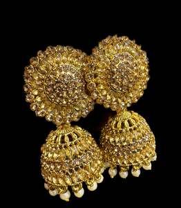 Earring All Styles: Dark Gold color Beautiful pearls with kundan work jhumka