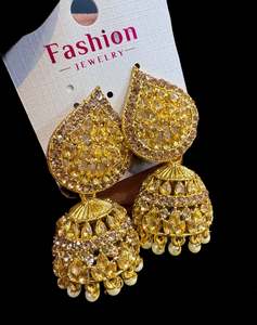 Earring All Styles: Dark Gold color Beautiful pearls with kundan work jhumka