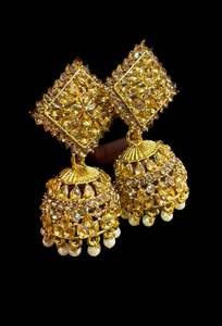 Earring All Styles: Dark Gold color Beautiful pearls with kundan work jhumka