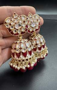 Bigger size Kundan Stone With Pearls Work Beautiful Meenakari Jhumka
