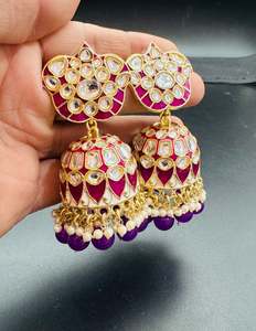 Earring All Styles: Bigger size Kundan Stone With Pearls Work Beautiful Meenakari Jhumka