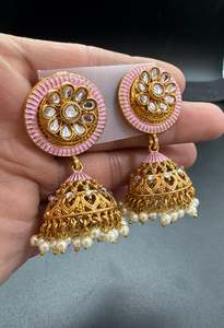 Kundan Stone With Pearls Work Beautiful Meenakari Jhumka