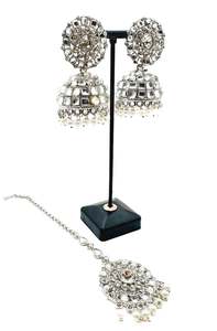 Earrings With Tikka: Silver stone with pearls work beautiful Jhumka with Tikka