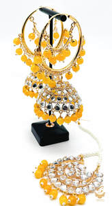 Mustard Pearls with Kundan stone beautiful jhumka balian with tikka