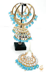 Earrings With Tikka: Skyblue Pearls with Kundan stone beautiful jhumka balian with tikka
