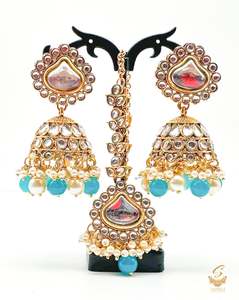 Earrings With Tikka: Teal & White Pearls with kundan stone beautiful Jhumka with tikka set