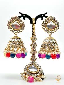 Earrings With Tikka: Multicoloured & White Pearls with kundan stone beautiful Jhumka with tikka set