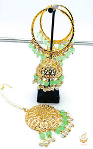 PAstel Mint pearls work Jadau work Beautiful jhumka balian with tikka set