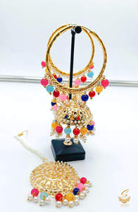 Multicolour pearls work Jadau work Beautiful jhumka balian with tikka set