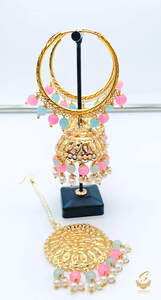 Earrings With Tikka: Lite Pink & Blue colour pearls work Jadau work Beautiful jhumka balian with tikka set