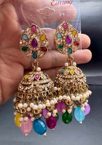 Beautiful polki stone & Pearls work bigger jhumka (very lite weight)