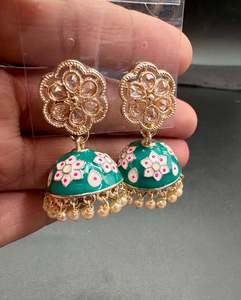 Small size Polki Stone With Pearls Work Beautiful Meenakari Jhumka