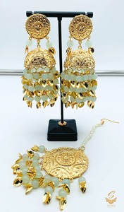 Punjabi Ice Blue Color Jadau Earrings with Tikka Set light Weight