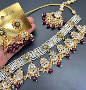Choker Necklace: Kundan stone with pearls beaded choker set with beautiful earrings & tikka