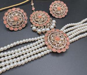 Choker Necklace: Jerkan fine stone with pearls beaded choker set with beautiful studs & tikka