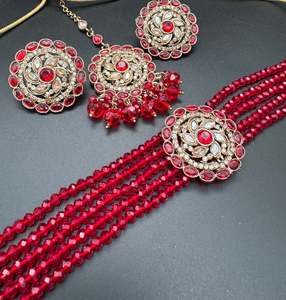 Choker Necklace: Jerkan fine stone with pearls beaded choker set with beautiful studs & tikka