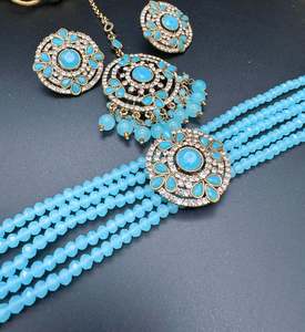 Jerkan fine stone with pearls beaded choker set with beautiful studs & tikka