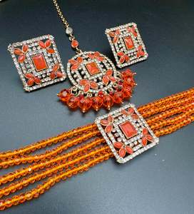 Choker Necklace: Jerkan fine stone with pearls beaded choker set with beautiful studs & tikka