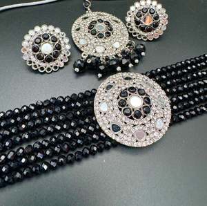 Mirrors with Jerkan fine stone with pearls beaded choker set with beautiful studs & tikka