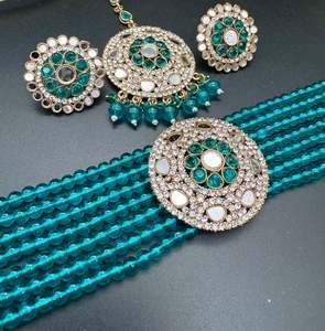 Mirrors with Jerkan fine stone with pearls beaded choker set with beautiful studs & tikka