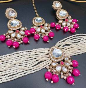 Choker Necklace: Kundan stone with pearls beaded choker set with beautiful earrings & tikka