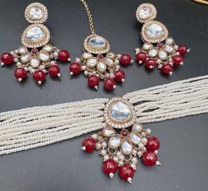 Kundan stone with pearls beaded choker set with beautiful earrings & tikka