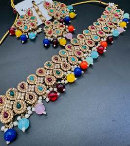 Beautiful jerkan with pearls work choker necklace with earrings & tikka