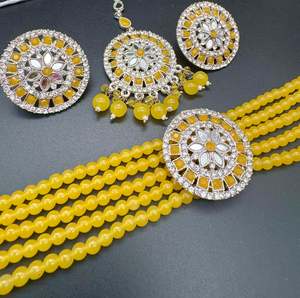 Choker Necklace: Beautiful jerkan stones and mirror work choker set with beautiful studs & Tikka