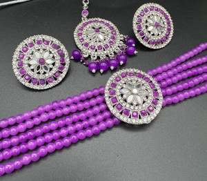 Beautiful jerkan stones and mirror work choker set with beautiful studs & Tikka