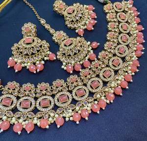 Original polki stone with pearls beaded necklace set with beautiful earrings & tikka
