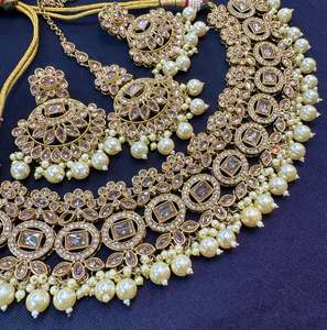 Heavy Work Necklace Sets 1: Original polki stone with pearls beaded necklace set with beautiful earrings & tikka
