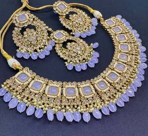 Heavy Work Necklace Sets 1: Original polki stone with pearls beaded necklace set with beautiful earrings & tikka