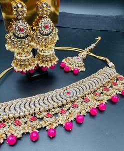 Heavy Work Necklace Sets 1: Kundan with pearls work beautiful heavy work choker necklace with designer Jhumka Earrings and Tikka