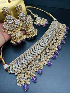 Heavy Work Necklace Sets 1: Kundan with pearls work beautiful heavy work choker necklace with designer Jhumka Earrings and Tikka