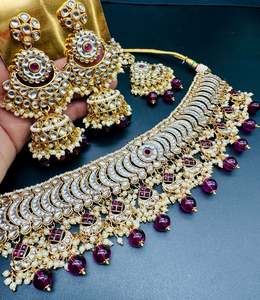 Heavy Work Necklace Sets 1: Kundan with pearls work beautiful heavy work choker necklace with designer Jhumka Earrings and Tikka