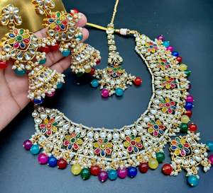 Heavy Work Necklace Sets 1: Kundan with pearls work beautiful heavy work necklace with designer Jhumka Earrings and Tikka
