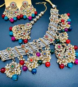 Heavy Work Necklace Sets 1: Kundan with pearls work beautiful heavy work necklace with designer Jhumka Earrings and Tikka