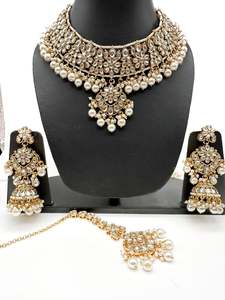 Heavy Work Necklace Sets 1: Kundan with pearls work beautiful heavy work necklace with designer Jhumka Earrings and Tikka