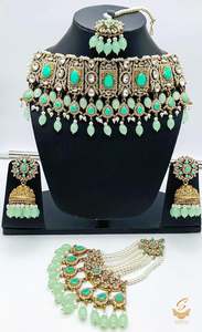 Seafoam green Stones With Jerkan Stones & Moti Work Beautiful Necklace Set With Pasa