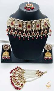 Heavy Work Necklace Sets 1: Deep MAroon Stones With Jerkan Stones & Moti Work Beautiful Necklace Set With Pasa