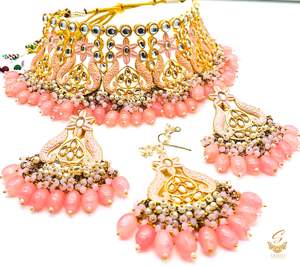 Heavy Work Necklace Sets 1: Baby Pink colour Beautiful meenakari work with baby pink pearls with Kundan Stones necklace set