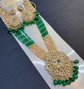 Rani Haar Long Necklaces: Crystal pearls with fine golden Jerkan stone With Pearls Beaded Necklace Set With Beautiful Earrings