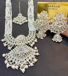 Rani Haar Long Necklaces: Silver Pearls Work With Kundan Stone Beautiful Rani Haar /Long Necklace Set With Beautiful Earrings