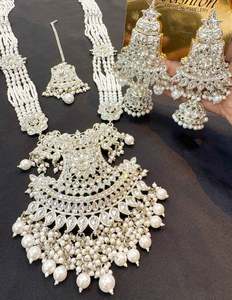 Rani Haar Long Necklaces: Silver Pearls Work With Kundan Stone Beautiful Rani Haar /Long Necklace Set With Beautiful Earrings