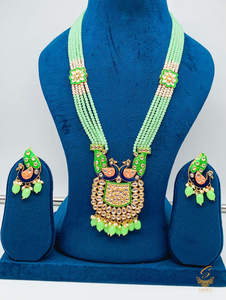 Rani Haar Long Necklaces: Lime green colour beads work with kundan stone meenakari work Peacock design beautiful rani haar necklace set