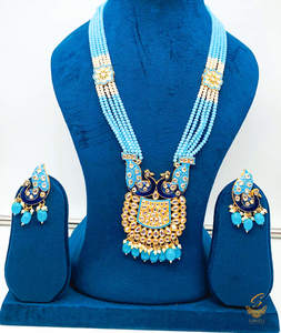 Rani Haar Long Necklaces: Blue colour beads work with kundan stone meenakari work Peacock design beautiful rani haar necklace set