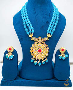 Firozi colour beads work with kundan stone beautiful rani haar necklace set
